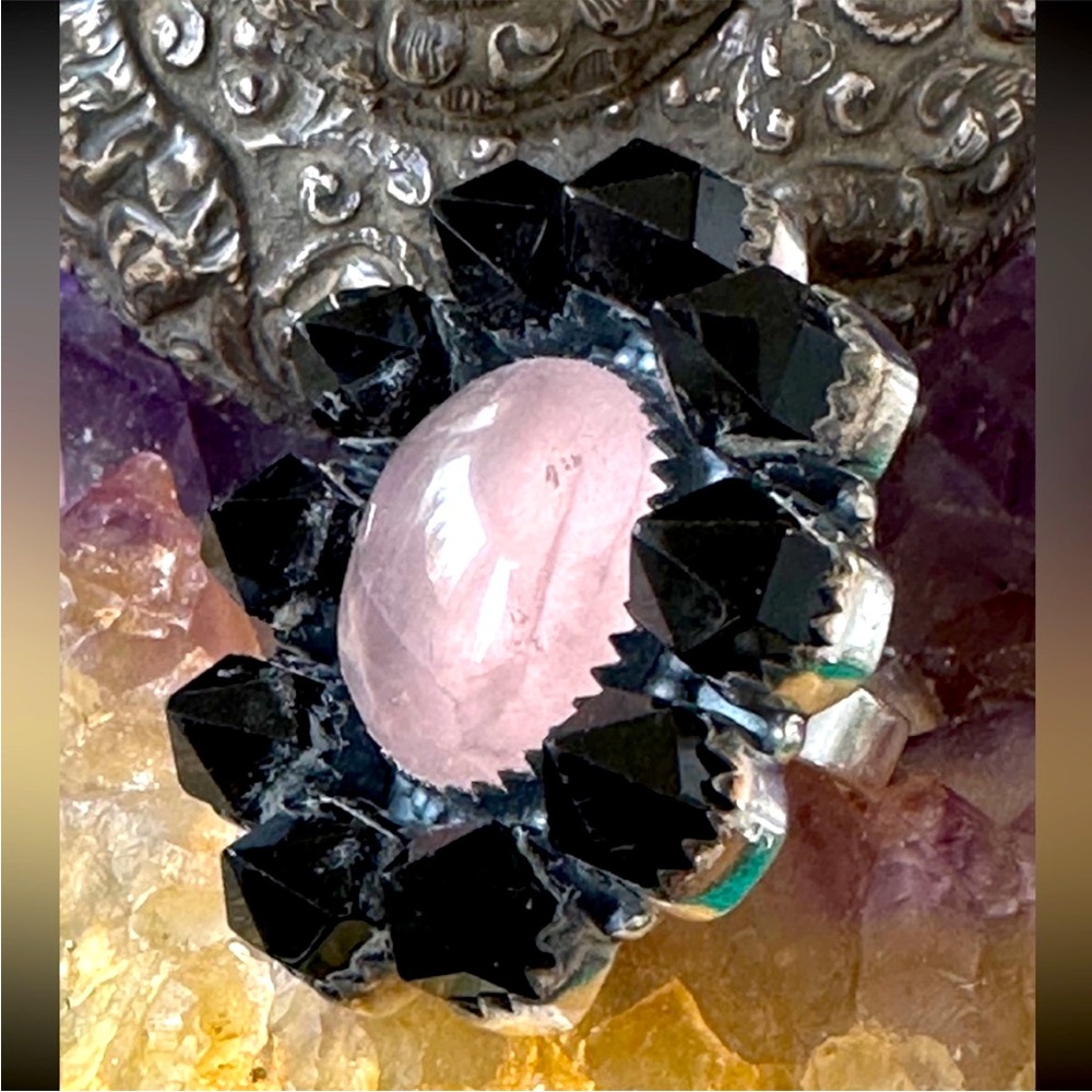 Rose quartz black onyx Gothic beauty adjustable sterling silver ring